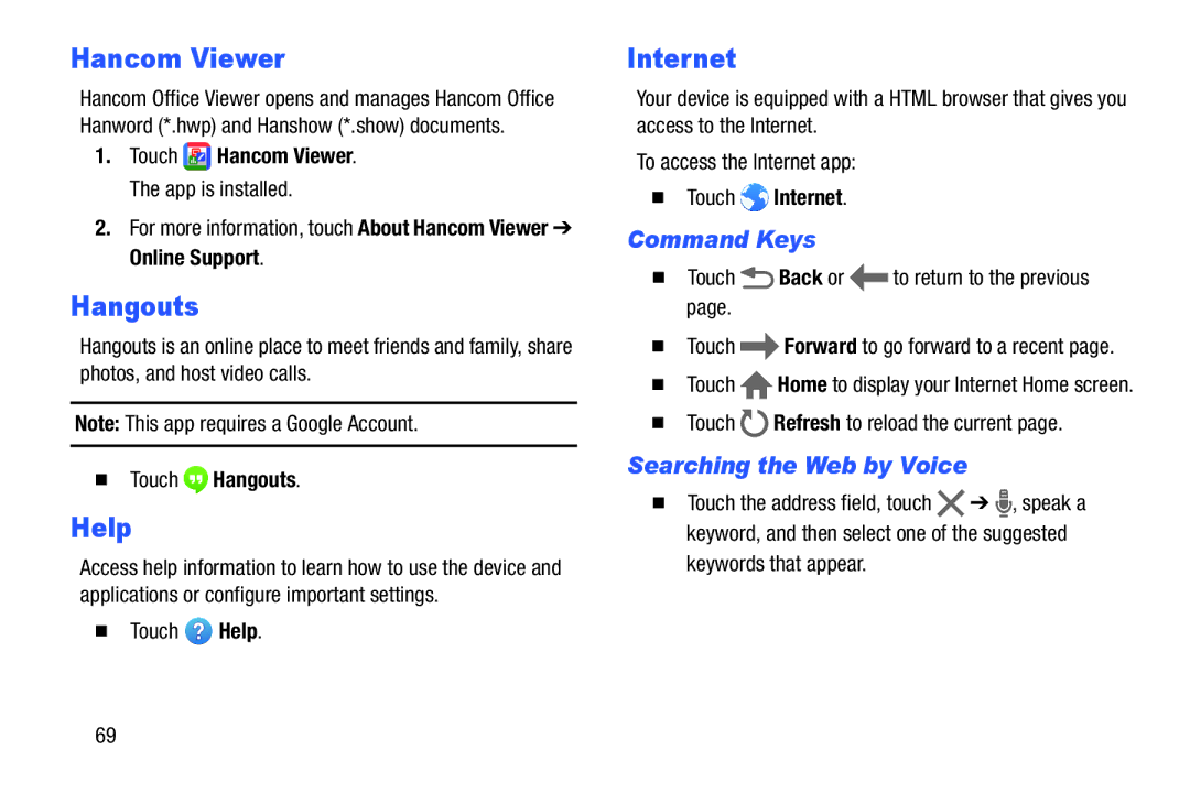 Samsung Tab4 user manual Hancom Viewer, Help, Internet, Searching the Web by Voice 