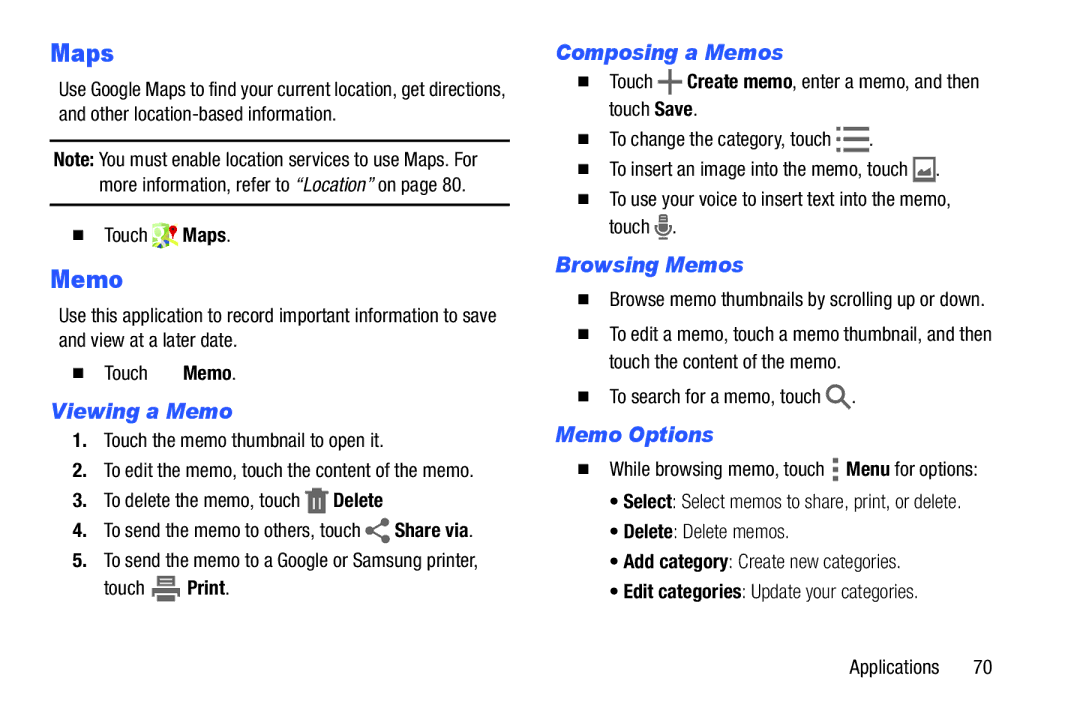 Samsung Tab4 user manual Maps, Memo 