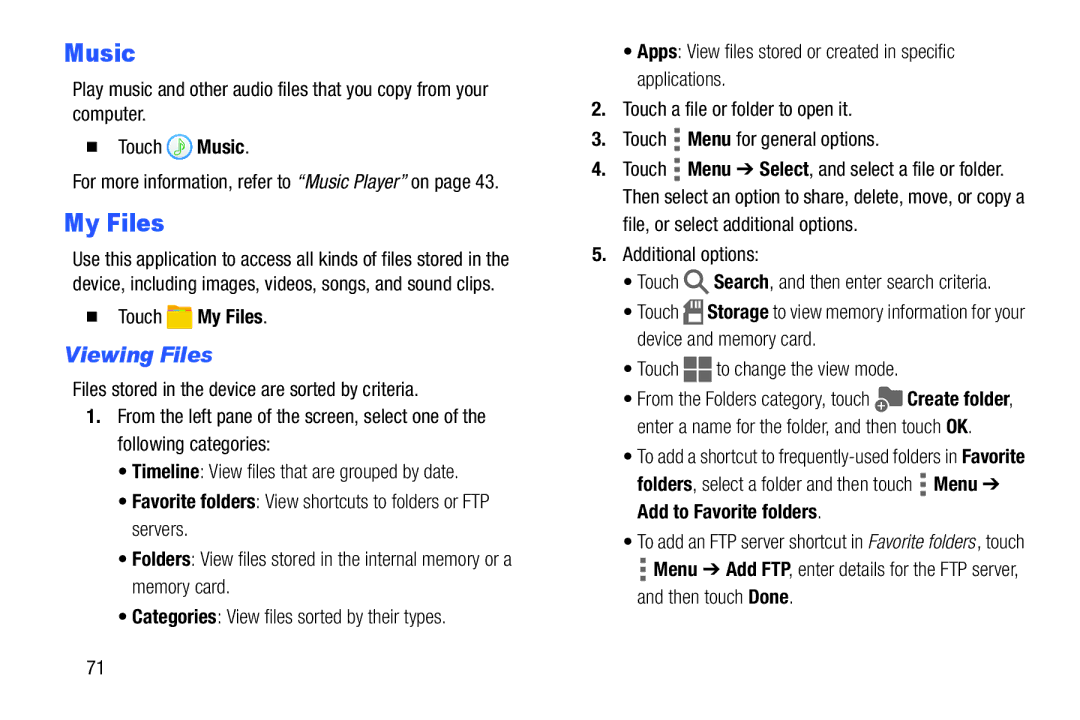 Samsung Tab4 user manual Music, Viewing Files,  Touch My Files 