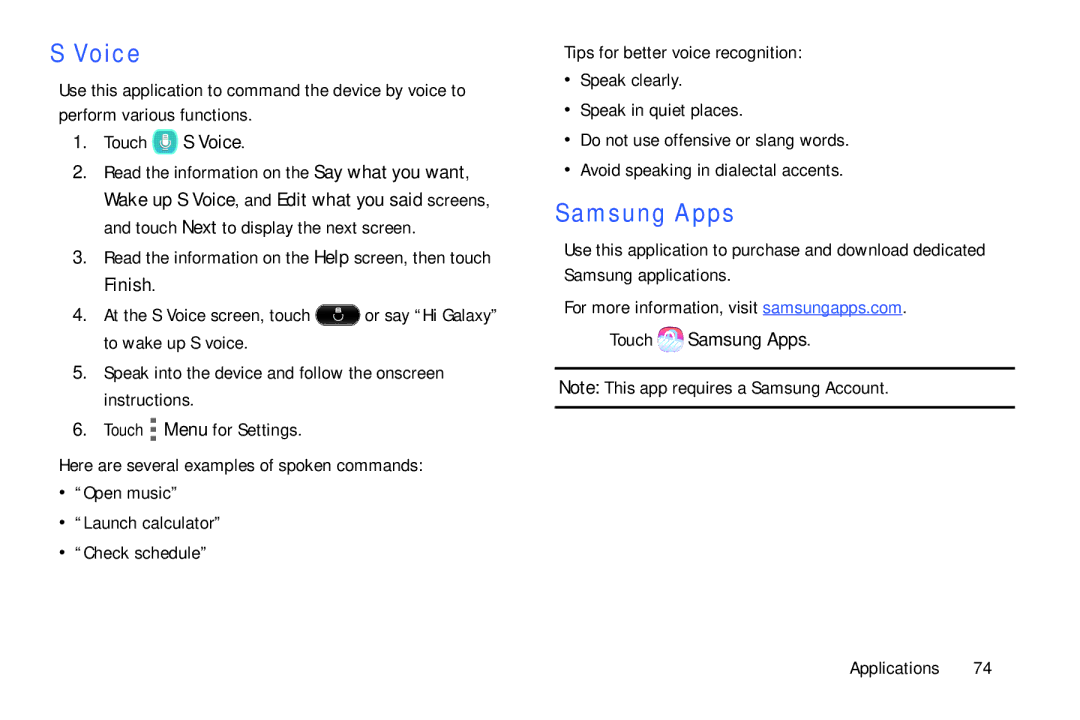 Samsung Tab4 user manual Touch S Voice,  Touch Samsung Apps 