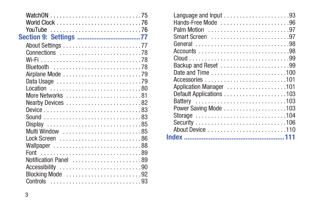 Samsung Tab4 user manual Settings, 111 