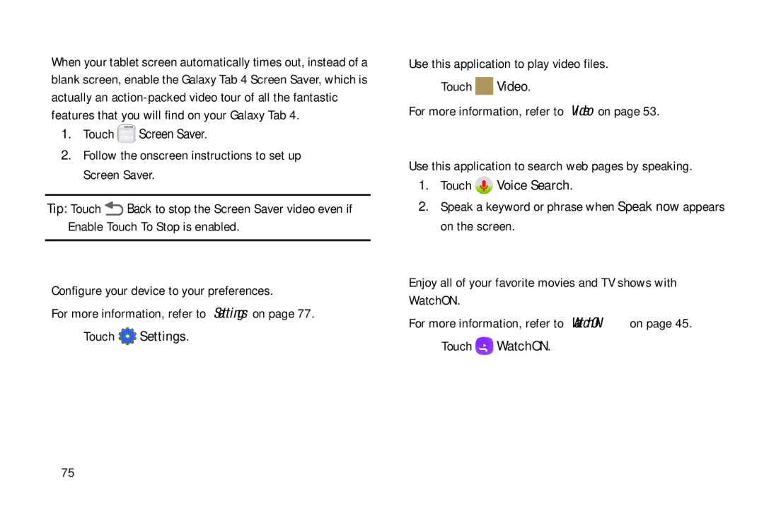 Samsung Tab4 user manual Screen Saver, Settings, Voice Search 