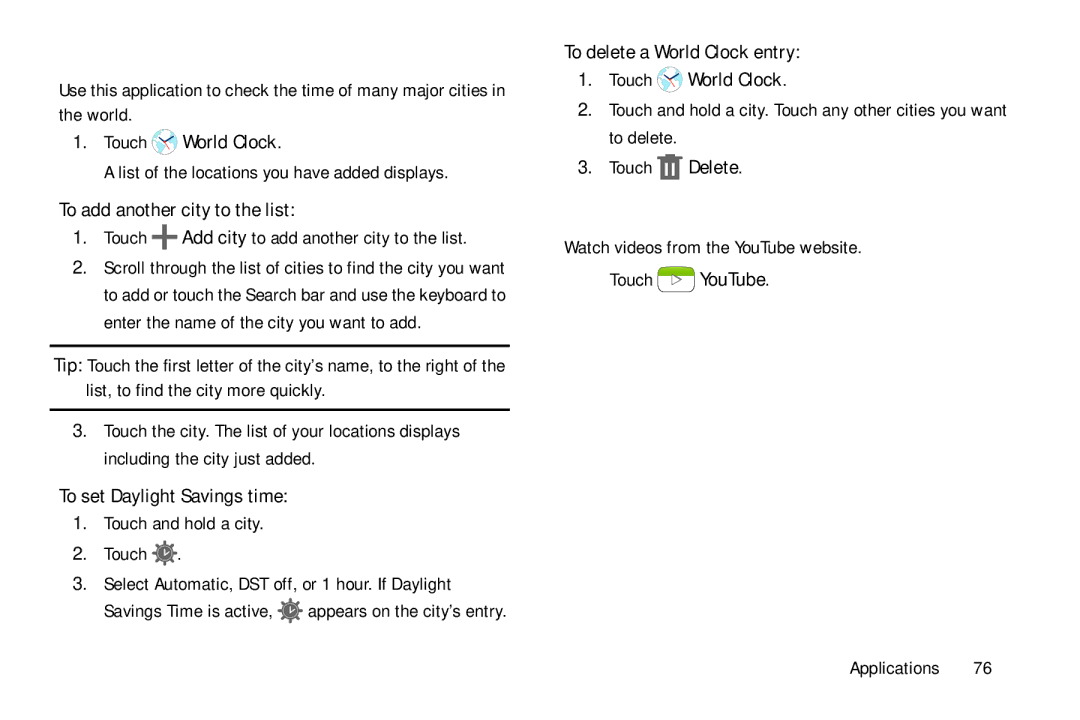 Samsung Tab4 user manual World Clock, YouTube 