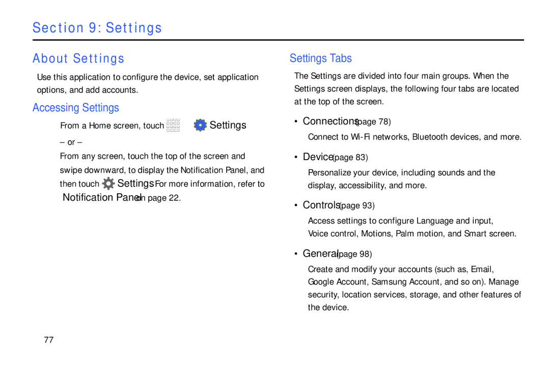 Samsung Tab4 user manual About Settings, Accessing Settings, Settings Tabs 