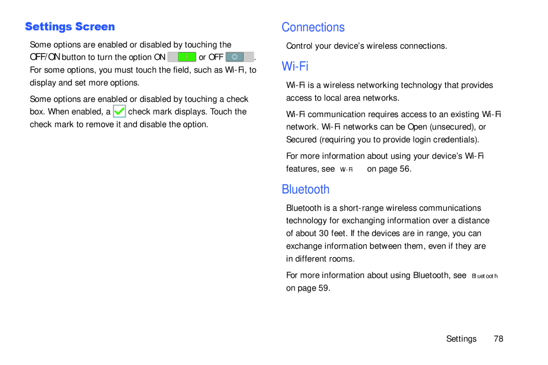 Samsung Tab4 user manual Connections, Settings Screen, Some options are enabled or disabled by touching 