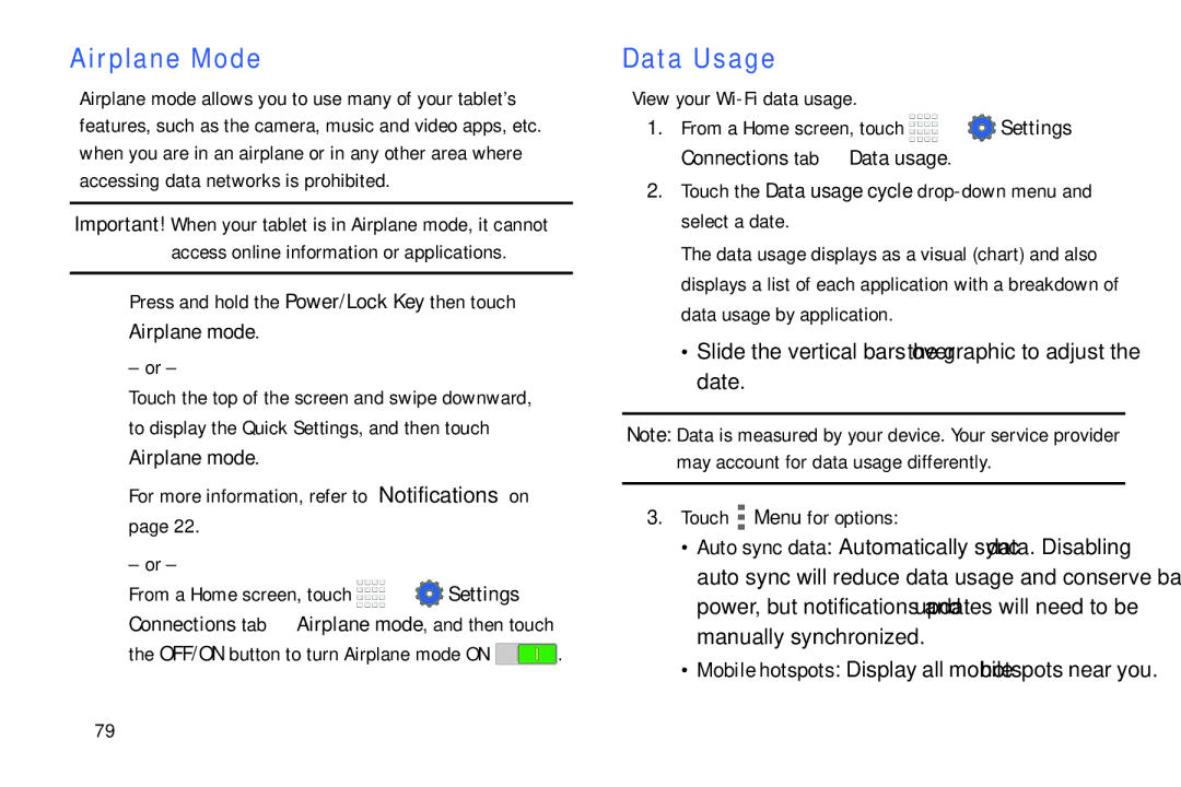 Samsung Tab4 user manual Airplane Mode, Data Usage, OFF/ON button to turn Airplane mode on, View your Wi-Fi data usage 