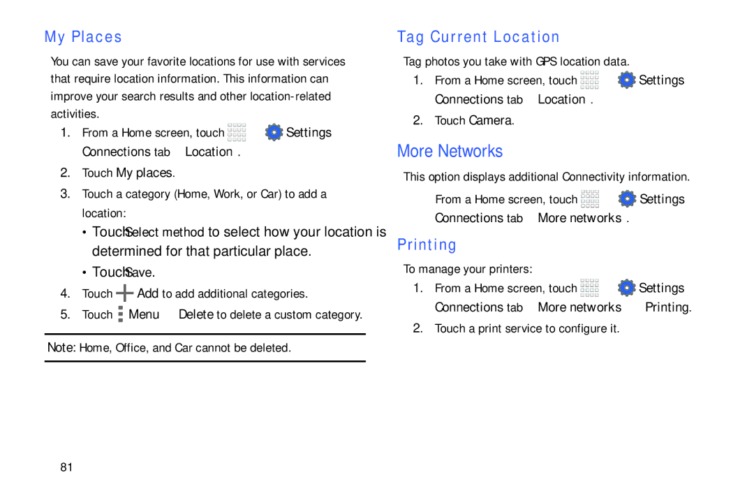 Samsung Tab4 user manual More Networks, My Places, Tag Current Location, Printing, Touch My places 