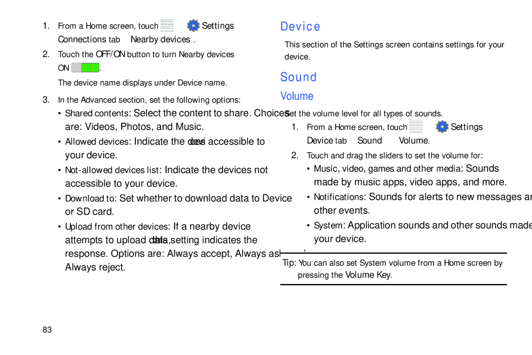 Samsung Tab4 user manual Device, Sound, Volume, Set the volume level for all types of sounds 