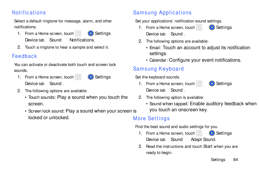 Samsung Tab4 user manual Notifications, Feedback, Samsung Applications, Samsung Keyboard, More Settings 