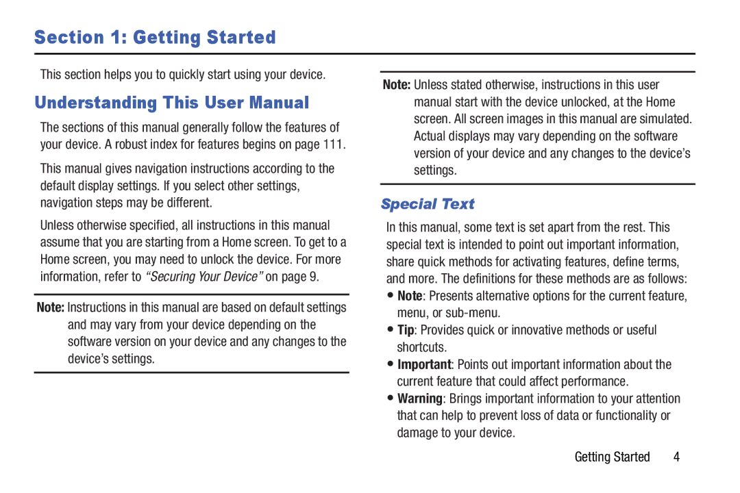 Samsung Tab4 user manual Getting Started, Special Text 