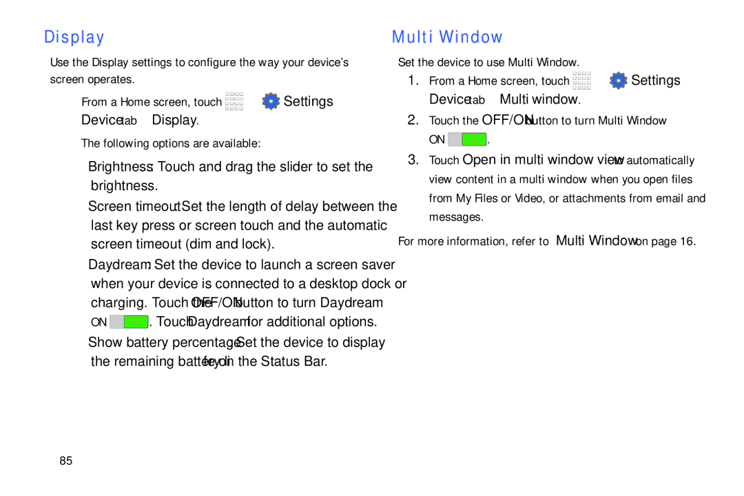 Samsung Tab4 user manual Display, Set the device to use Multi Window, Touch the OFF/ON button to turn Multi Window 