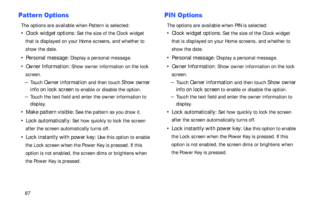 Samsung Tab4 user manual Pattern Options, PIN Options 