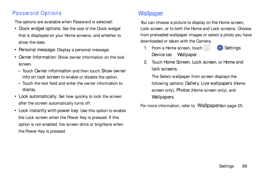 Samsung Tab4 user manual Password Options, From a Home screen, touch Settings Device tab Wallpaper 