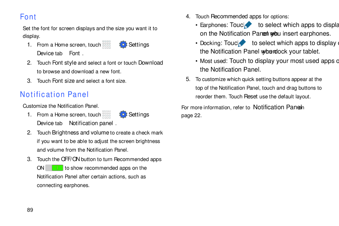 Samsung Tab4 user manual Font, Notification Panel 