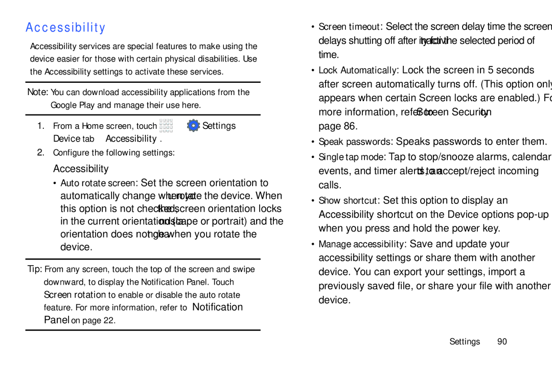 Samsung Tab4 user manual Accessibility, Configure the following settings 