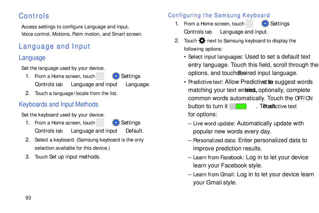 Samsung Tab4 user manual Controls, Language and Input, Keyboards and Input Methods, Configuring the Samsung Keyboard 