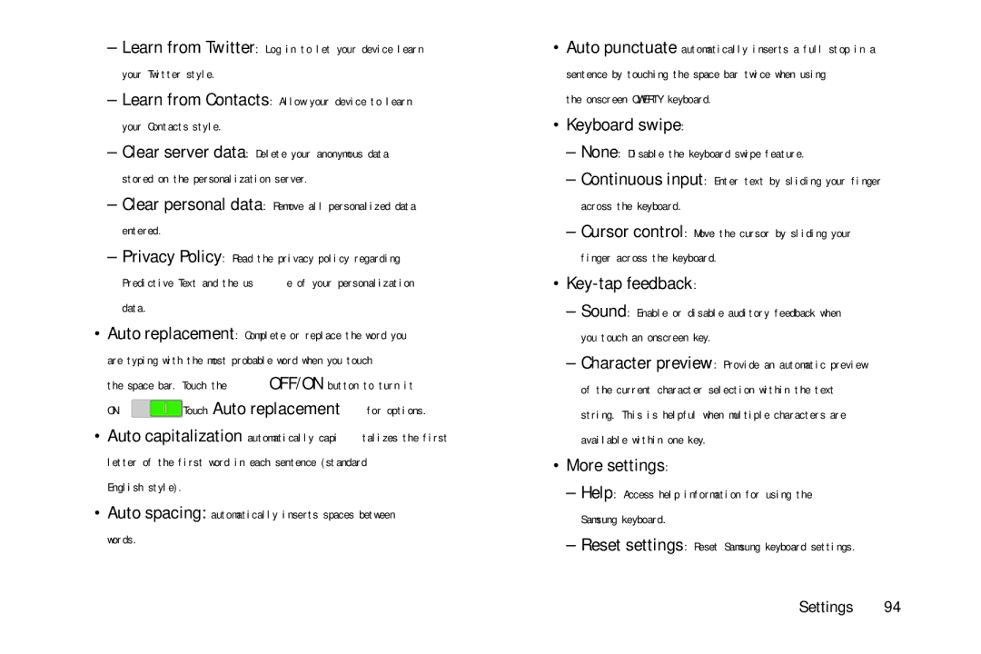 Samsung Tab4 Clear personal data Remove all personalized data entered, Keyboard swipe, Key-tap feedback, More settings 