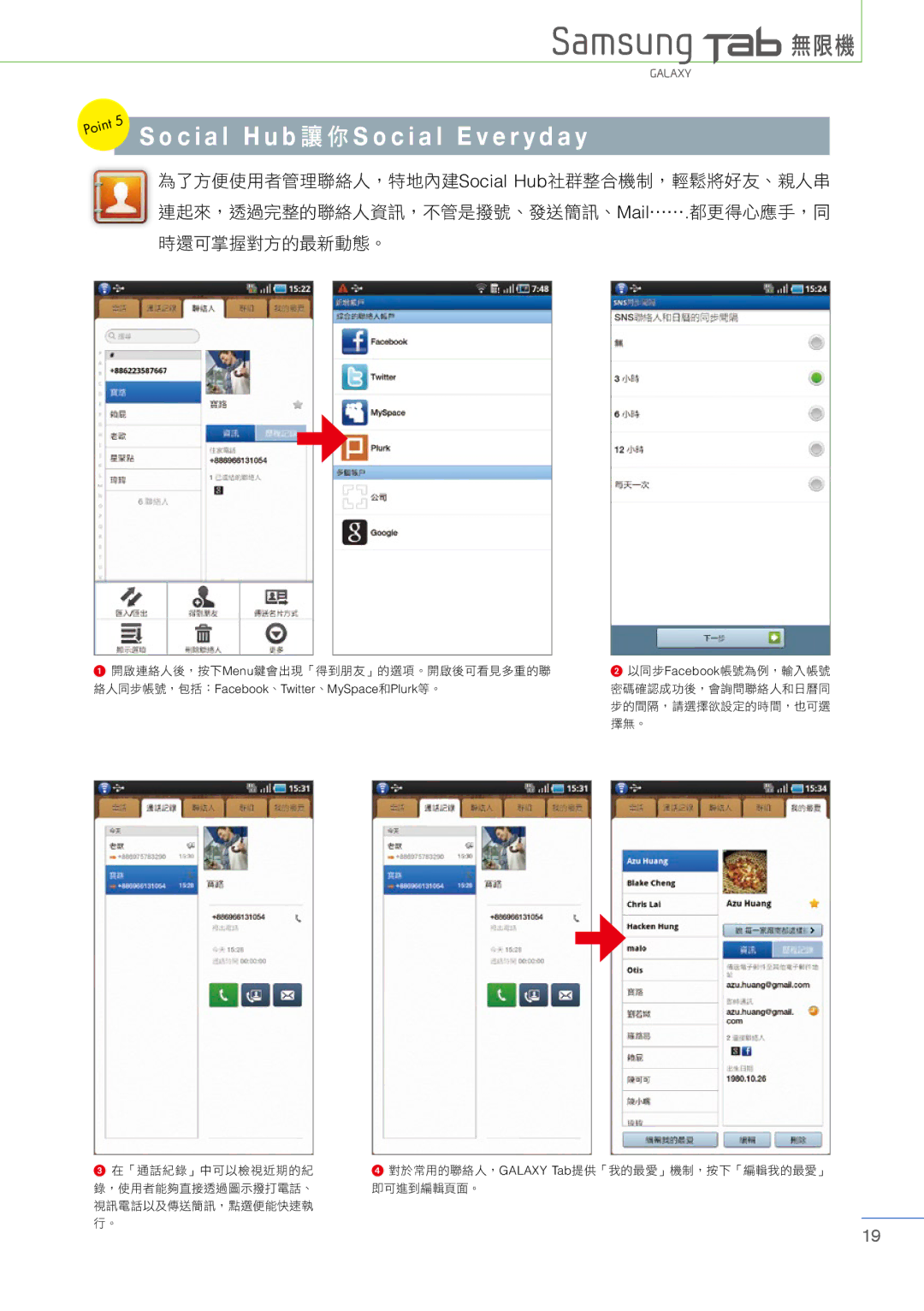 Samsung Tablet manual C i a l H u b 讓你S o c i a l E v e r y d a y, 為了方便使用者管理聯絡人，特地內建Social Hub社群整合機制，輕鬆將好友、親人串 