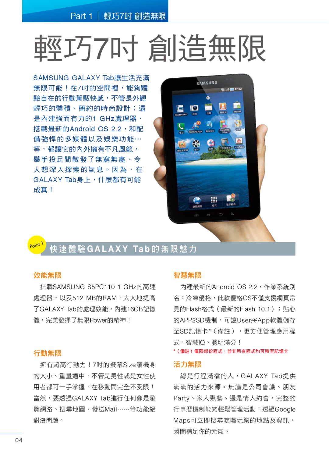 Samsung Tablet manual 輕巧7吋 創造無限, 快速體驗G a L a X Y Ta b 的無限魅力 