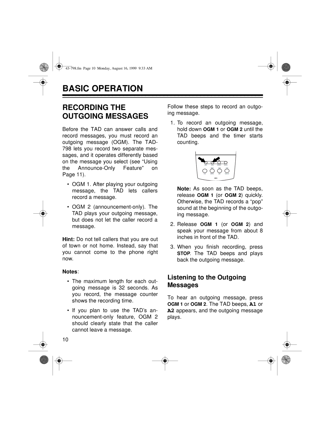 Samsung TAD-798 owner manual Basic Operation, Recording the Outgoing Messages 