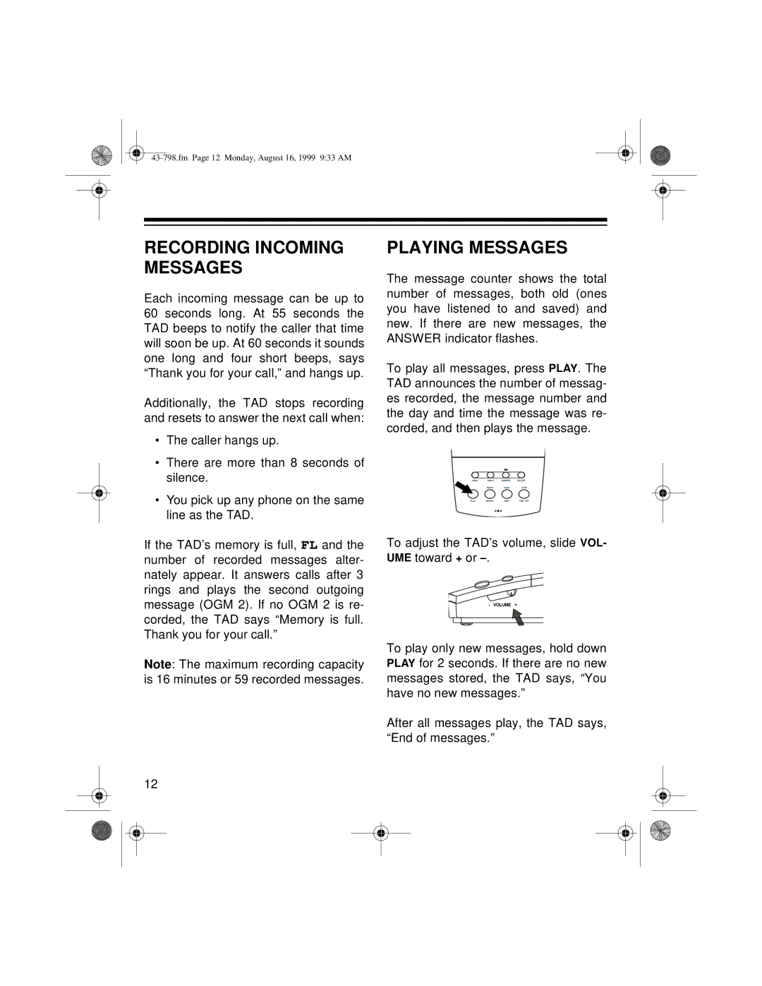 Samsung TAD-798 owner manual Recording Incoming Messages, Playing Messages 