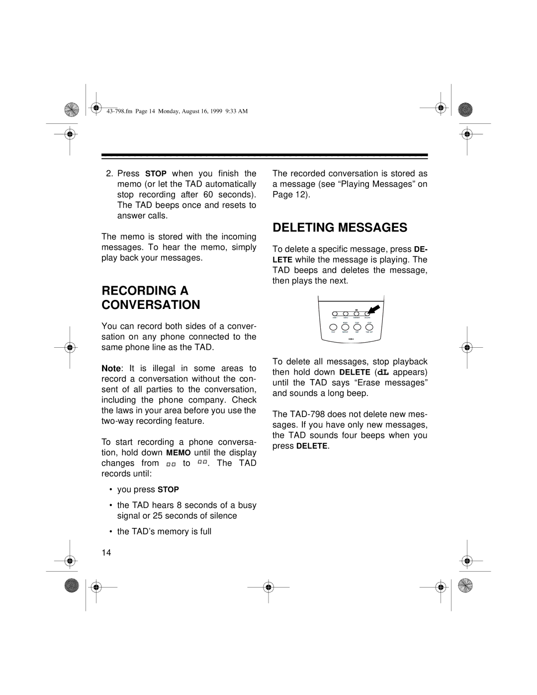 Samsung TAD-798 owner manual Recording a Conversation, Deleting Messages 