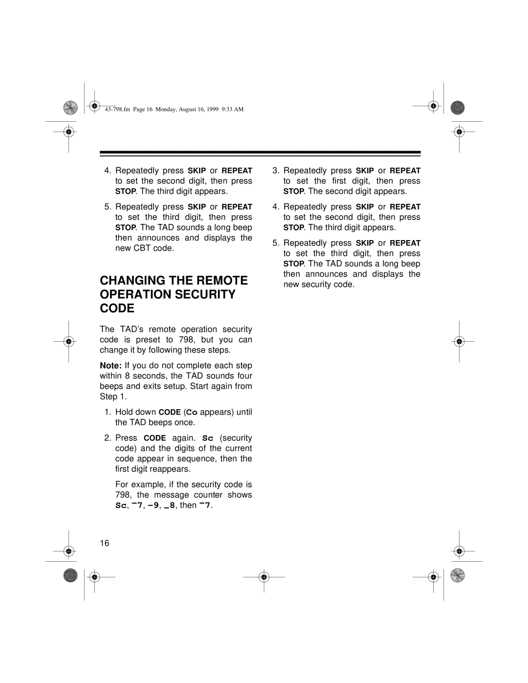 Samsung TAD-798 owner manual Changing the Remote Operation Security Code 