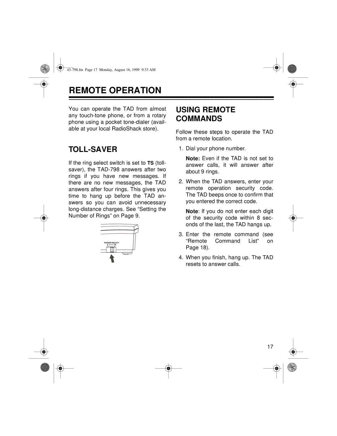 Samsung TAD-798 owner manual Remote Operation, Toll-Saver, Using Remote Commands 