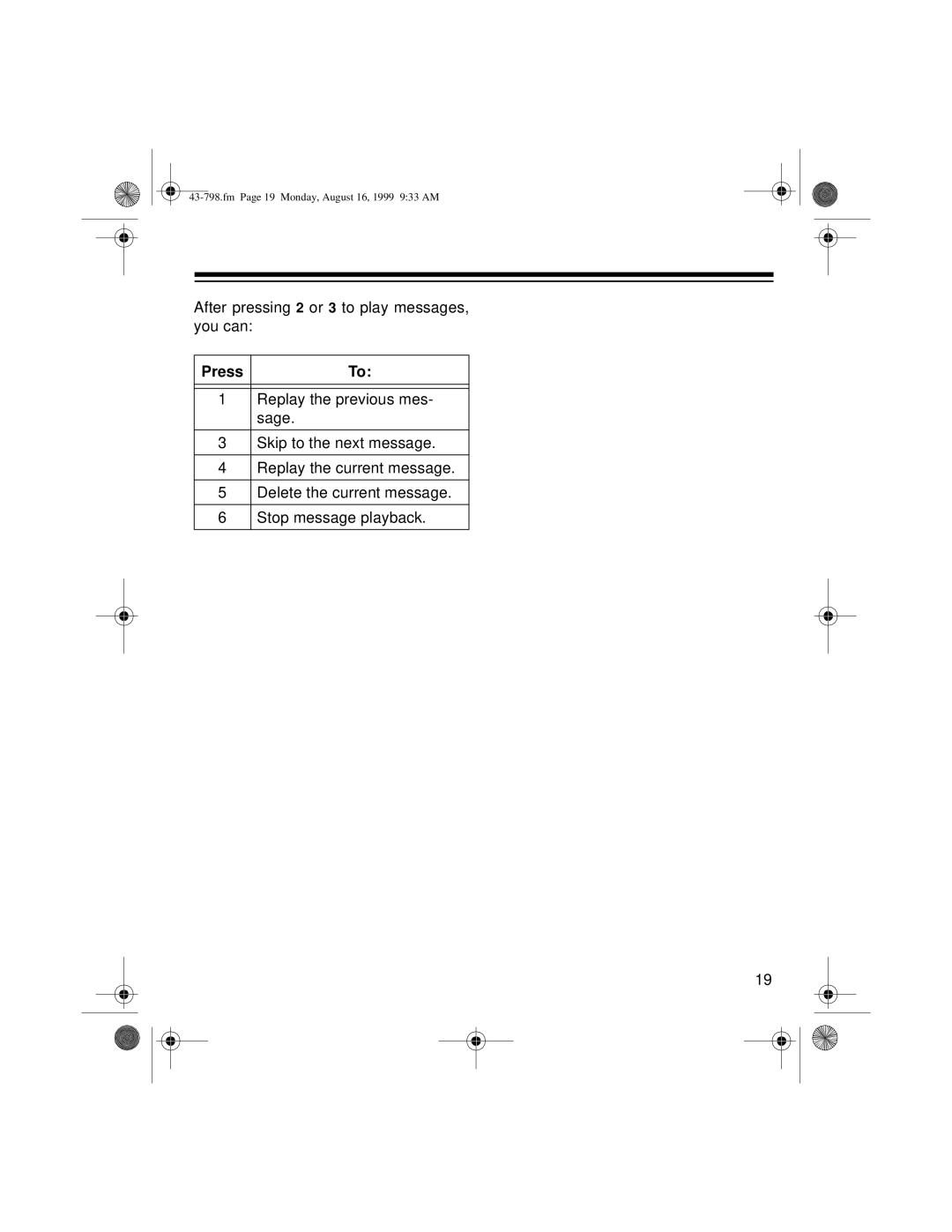 Samsung TAD-798 owner manual After pressing 2 or 3 to play messages, you can 