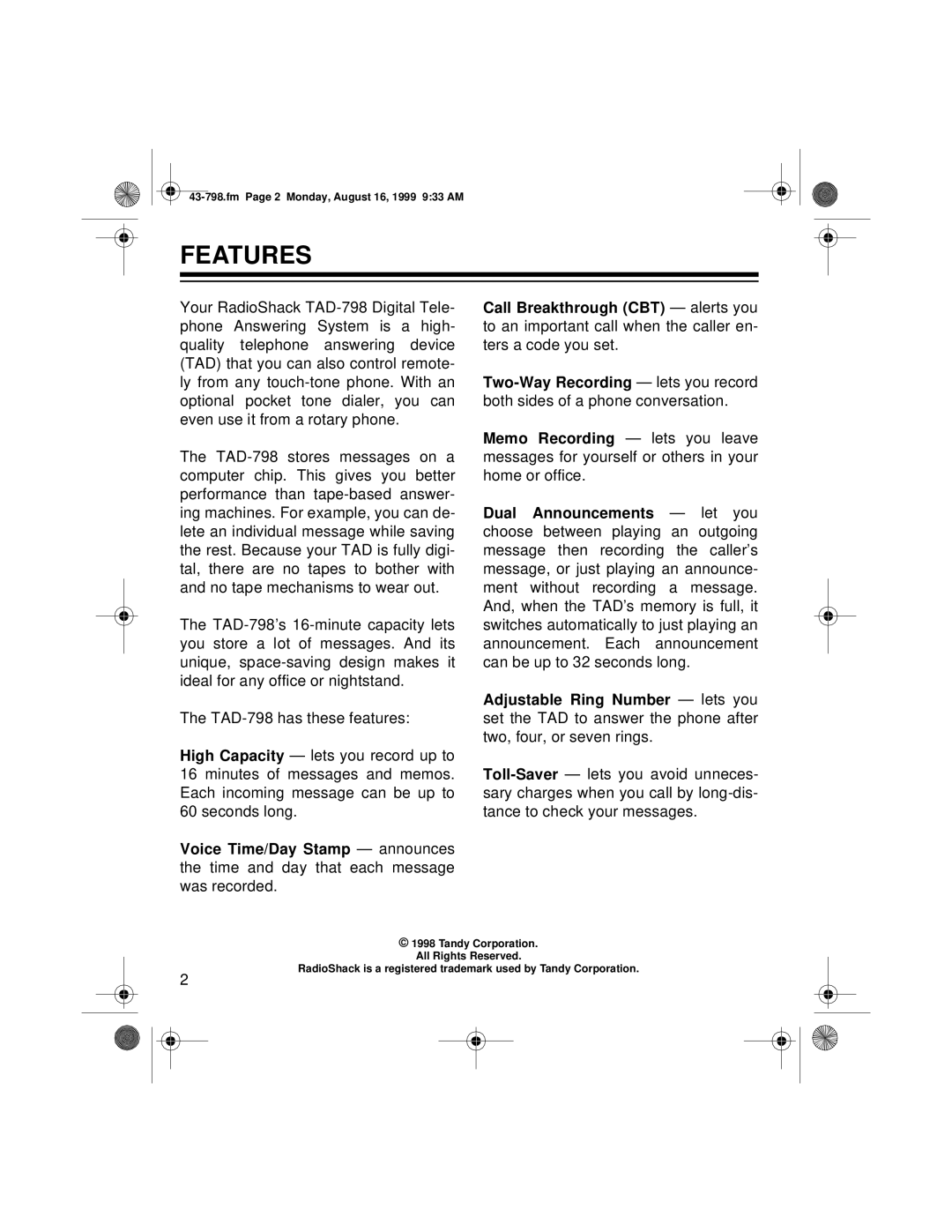 Samsung TAD-798 owner manual Features 