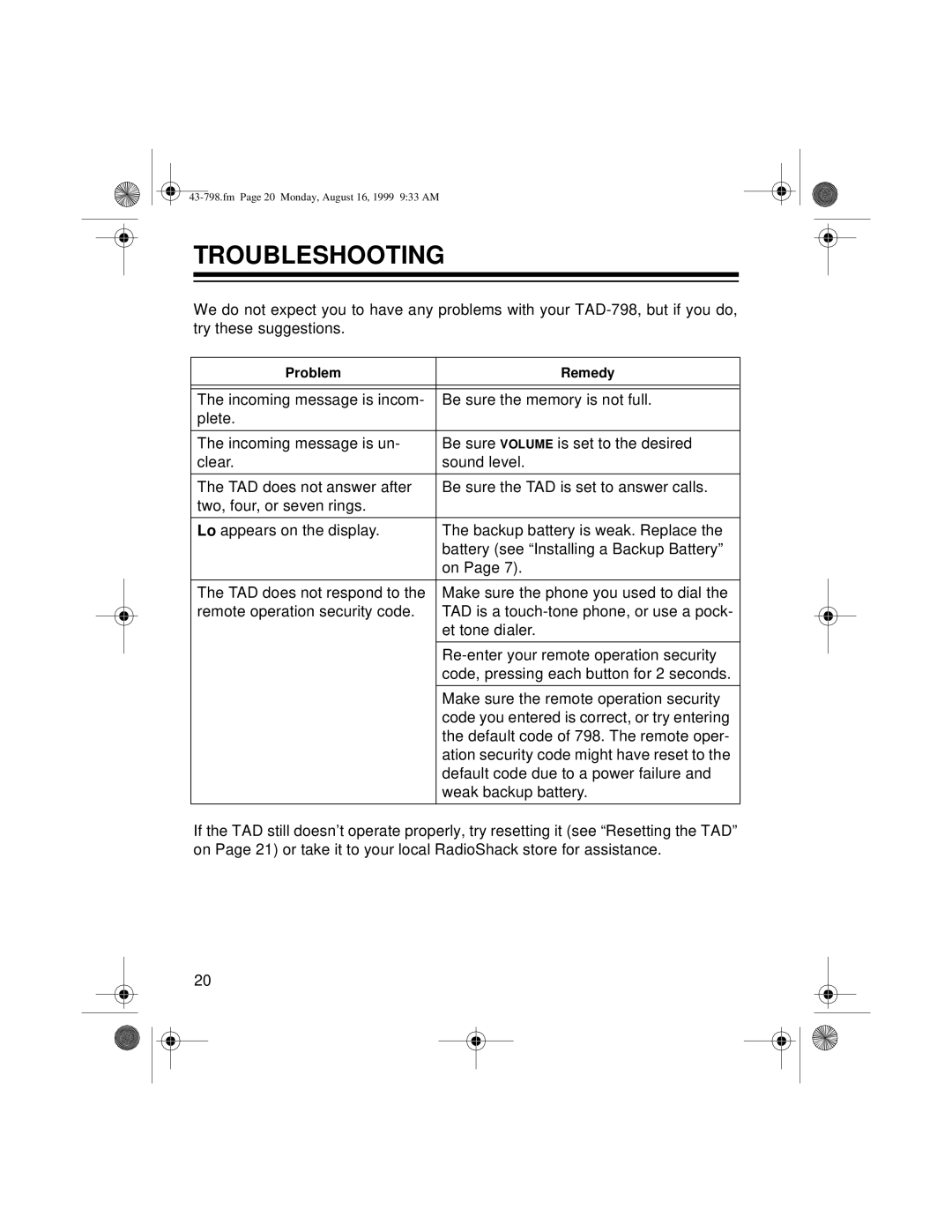 Samsung TAD-798 owner manual Troubleshooting 