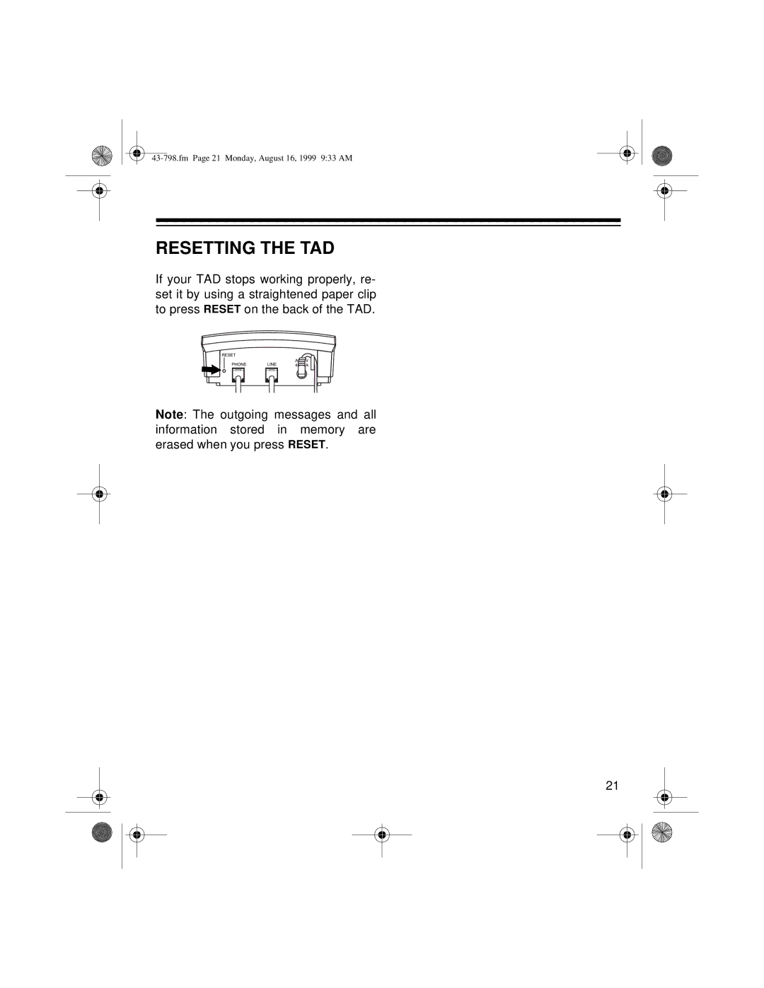 Samsung TAD-798 owner manual Resetting the TAD 