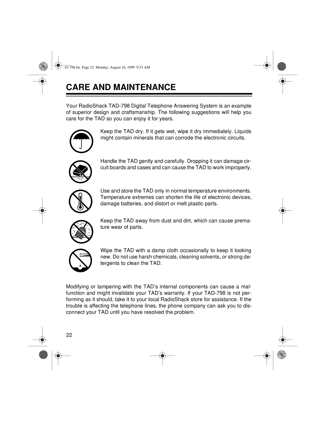 Samsung TAD-798 owner manual Care and Maintenance 