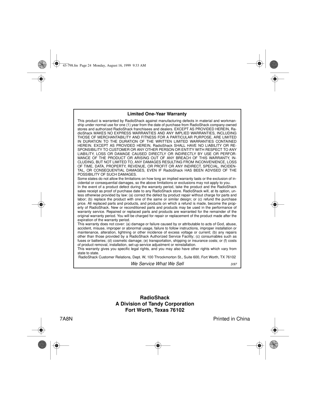 Samsung TAD-798 owner manual RadioShack Division of Tandy Corporation Fort Worth, Texas 