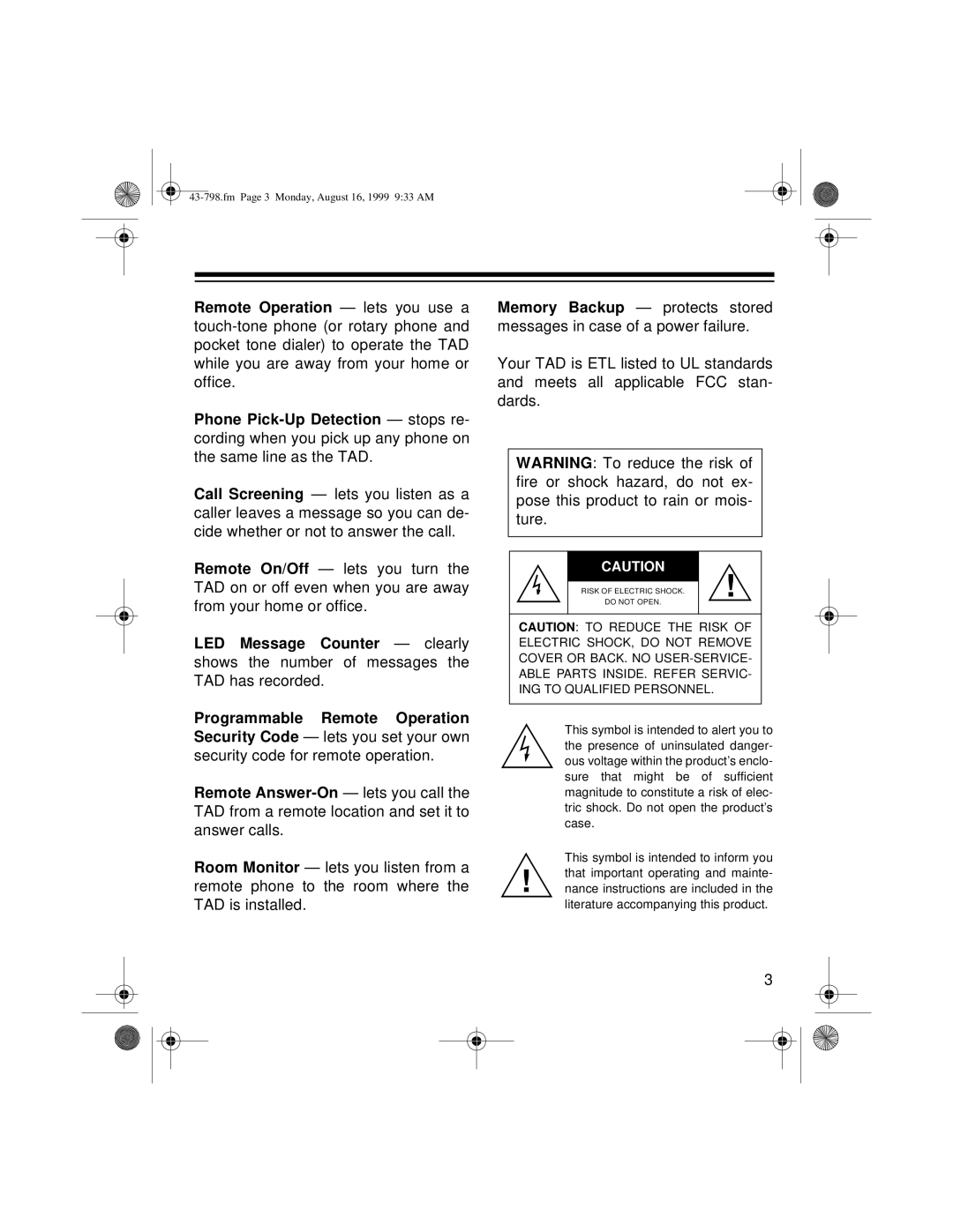 Samsung TAD-798 owner manual Fm Page 3 Monday, August 16, 1999 933 AM 