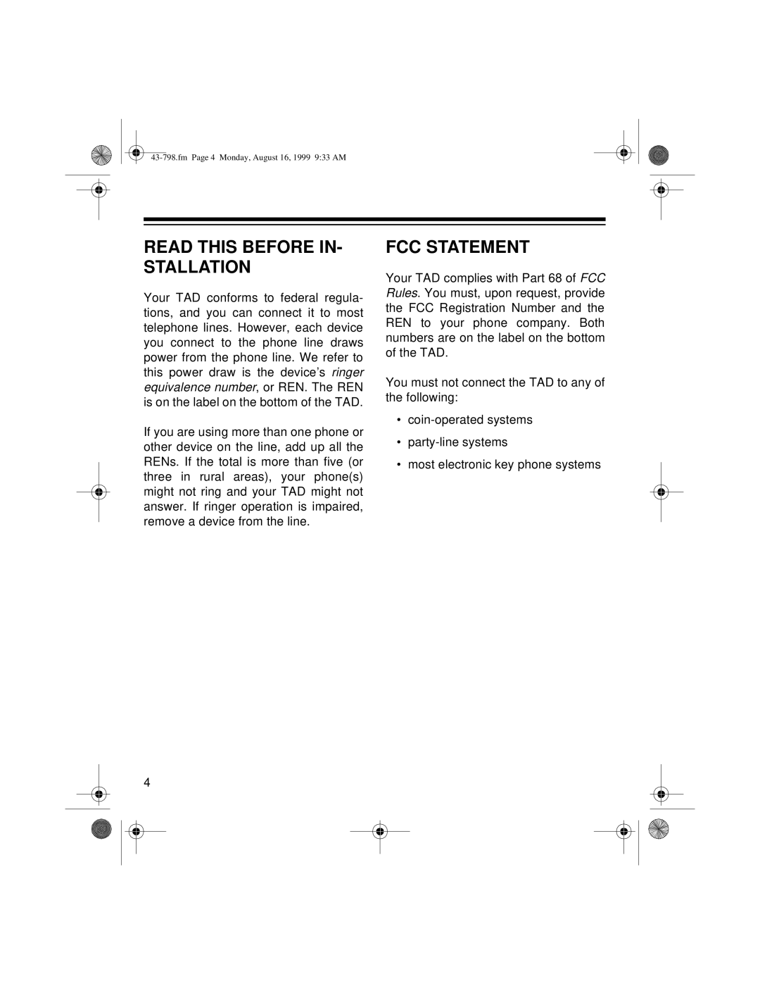 Samsung TAD-798 owner manual Read this Before IN- Stallation, FCC Statement 