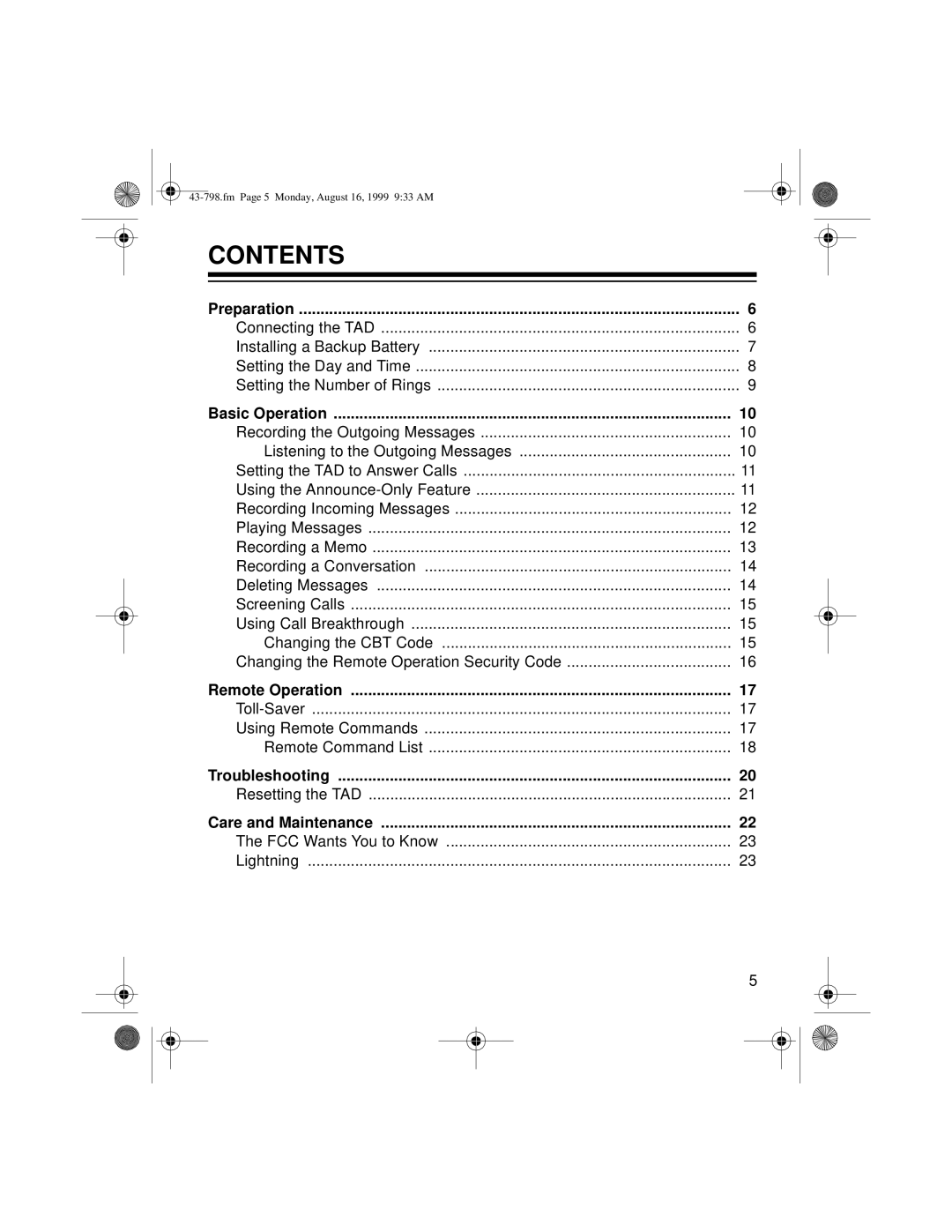 Samsung TAD-798 owner manual Contents 