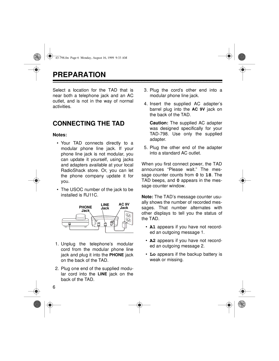 Samsung TAD-798 owner manual Preparation, Connecting the TAD 