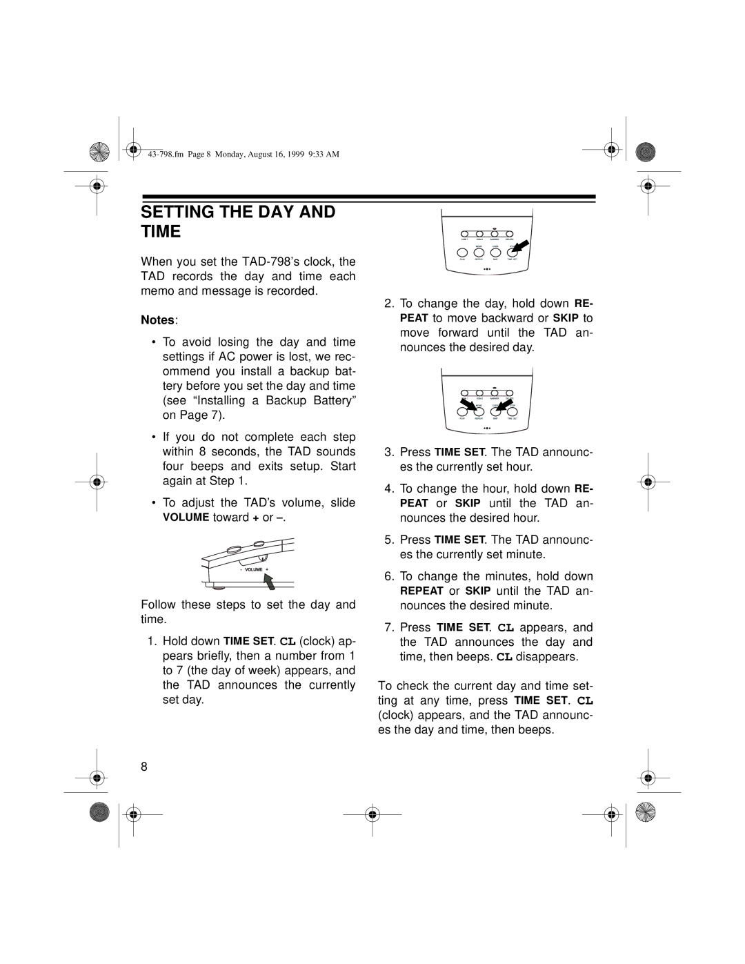 Samsung TAD-798 owner manual Setting the DAY and Time 