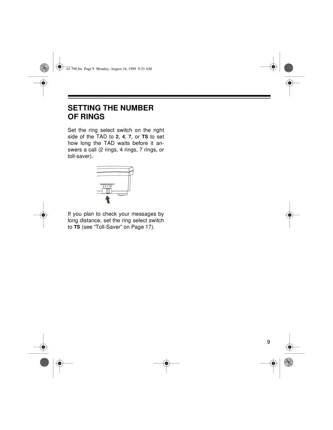 Samsung TAD-798 owner manual Setting the Number Rings 