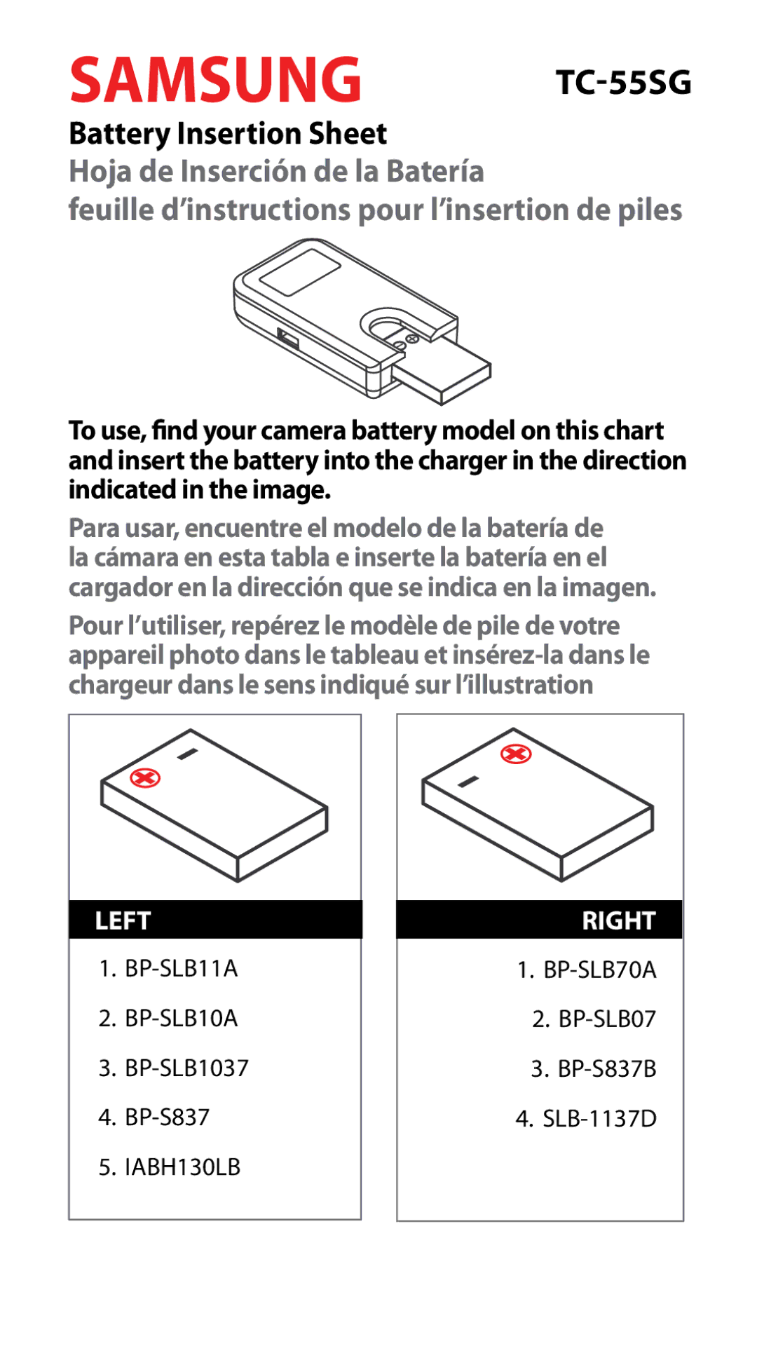 Samsung TC-555G manual Samsung, TC-55SG, Hoja de Inserción de la Batería, Feuille d’instructions pour l’insertion de piles 