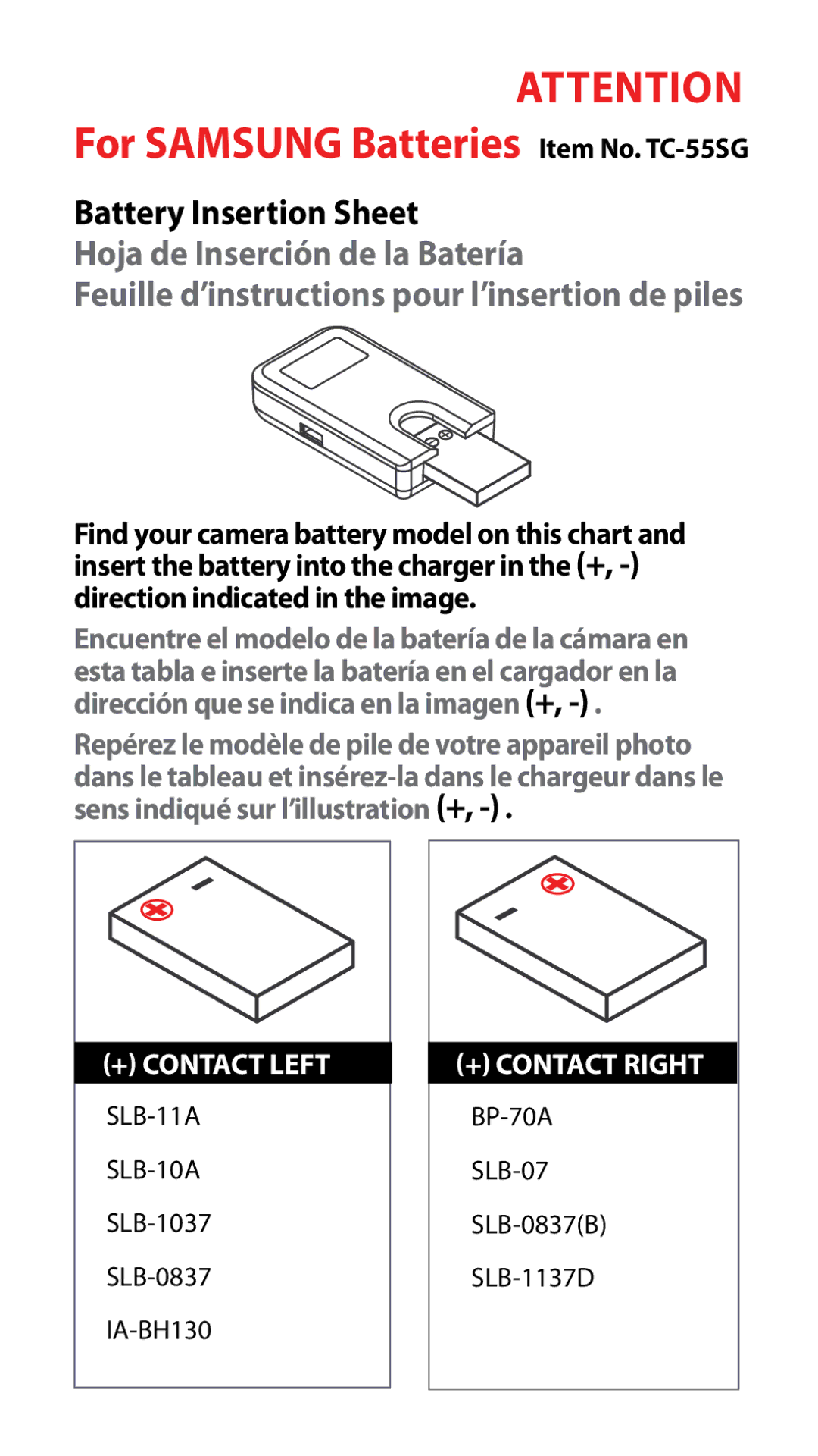 Samsung TC-555G manual Hoja de Inserción de la Batería 