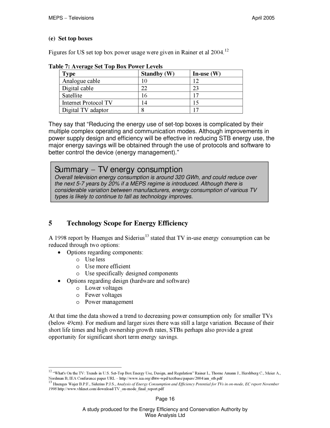 Samsung Televisions Technology Scope for Energy Efficiency, Set top boxes, Average Set Top Box Power Levels Type Standby W 