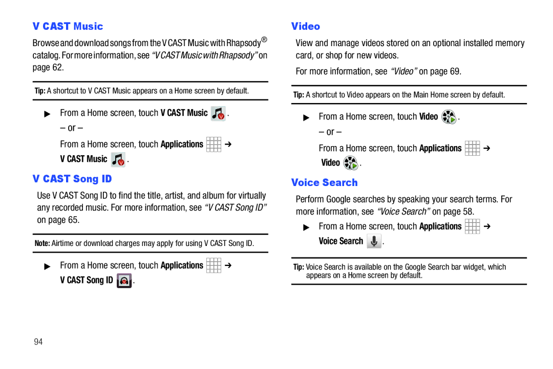 Samsung The Samsung Galaxy Tab user manual Cast Music, Video 