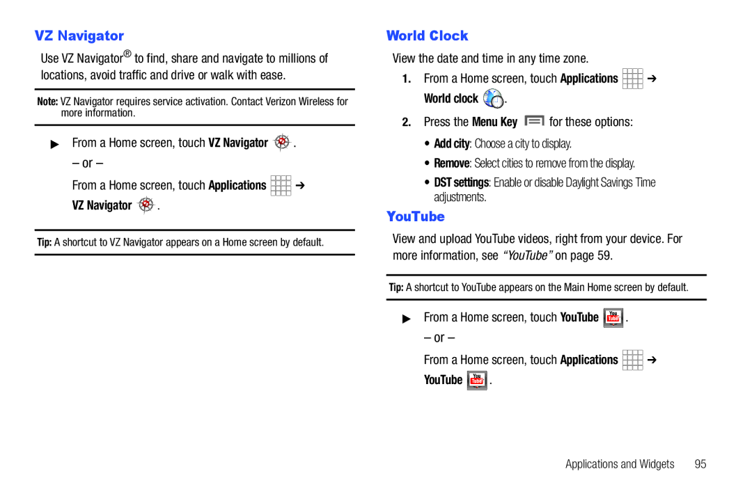 Samsung The Samsung Galaxy Tab user manual VZ Navigator, World Clock, World clock, YouTube 