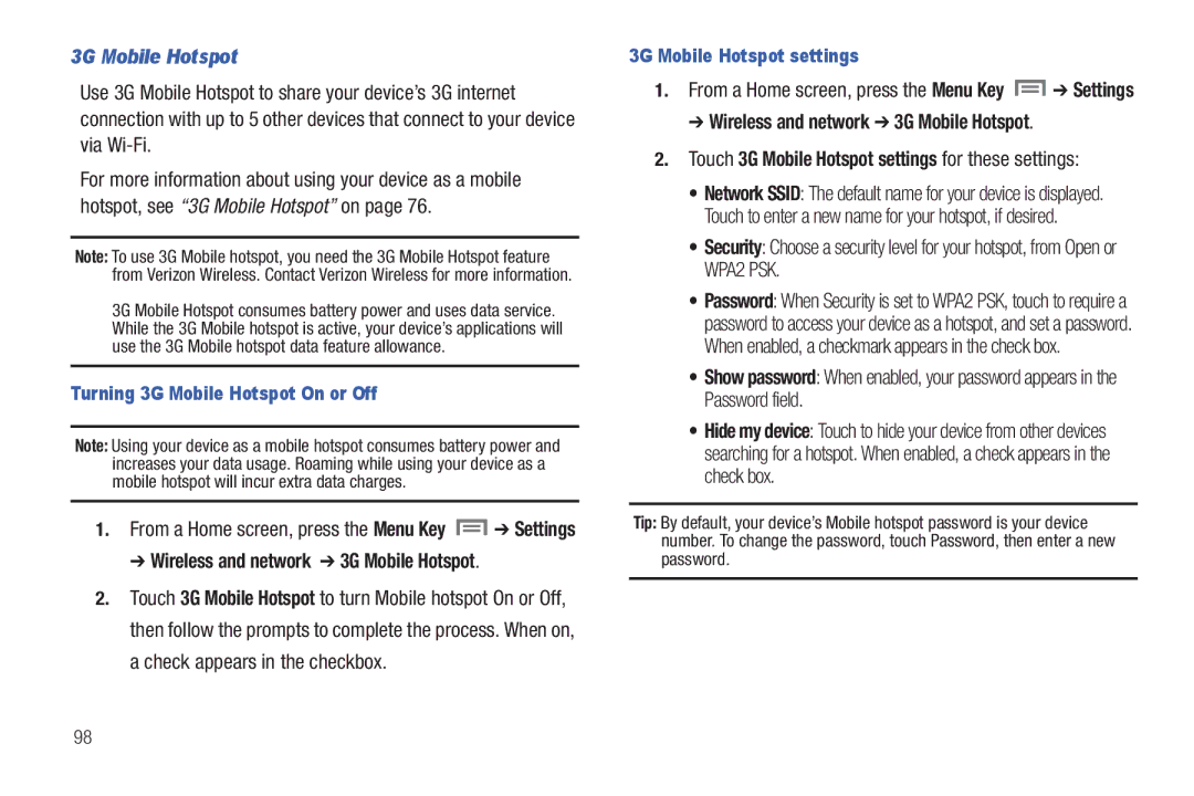 Samsung The Samsung Galaxy Tab user manual Wireless and network 3G Mobile Hotspot, Turning 3G Mobile Hotspot On or Off 