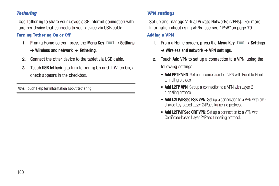 Samsung The Samsung Galaxy Tab user manual VPN settings, Turning Tethering On or Off, Adding a VPN, 100 