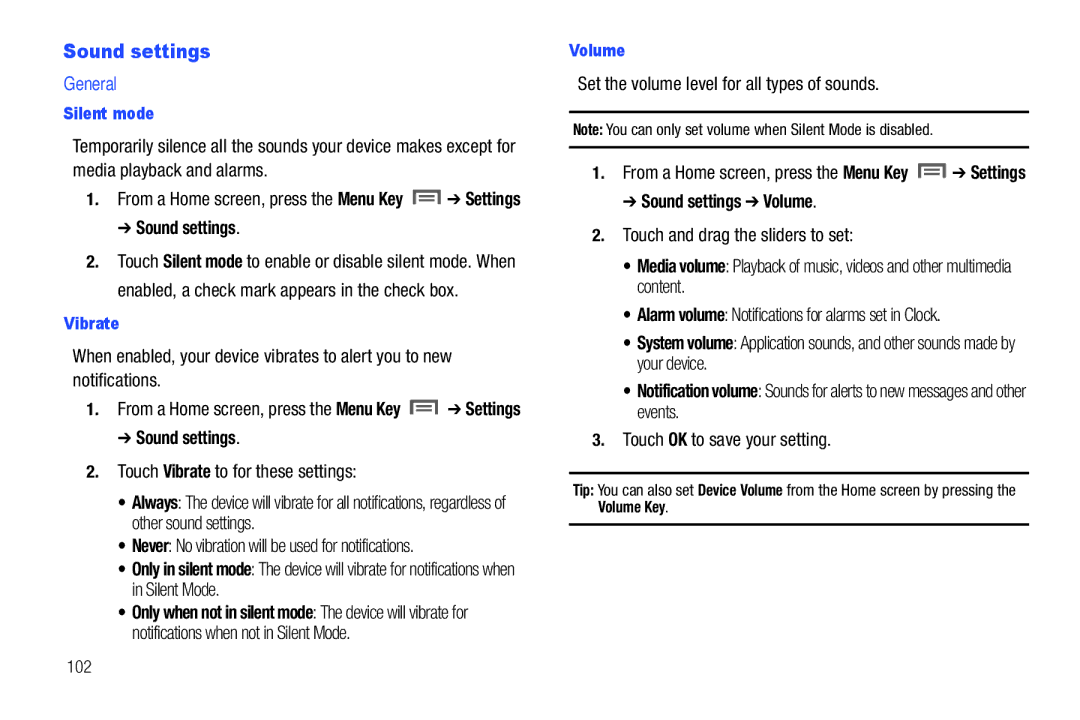 Samsung The Samsung Galaxy Tab user manual General, Sound settings Volume 