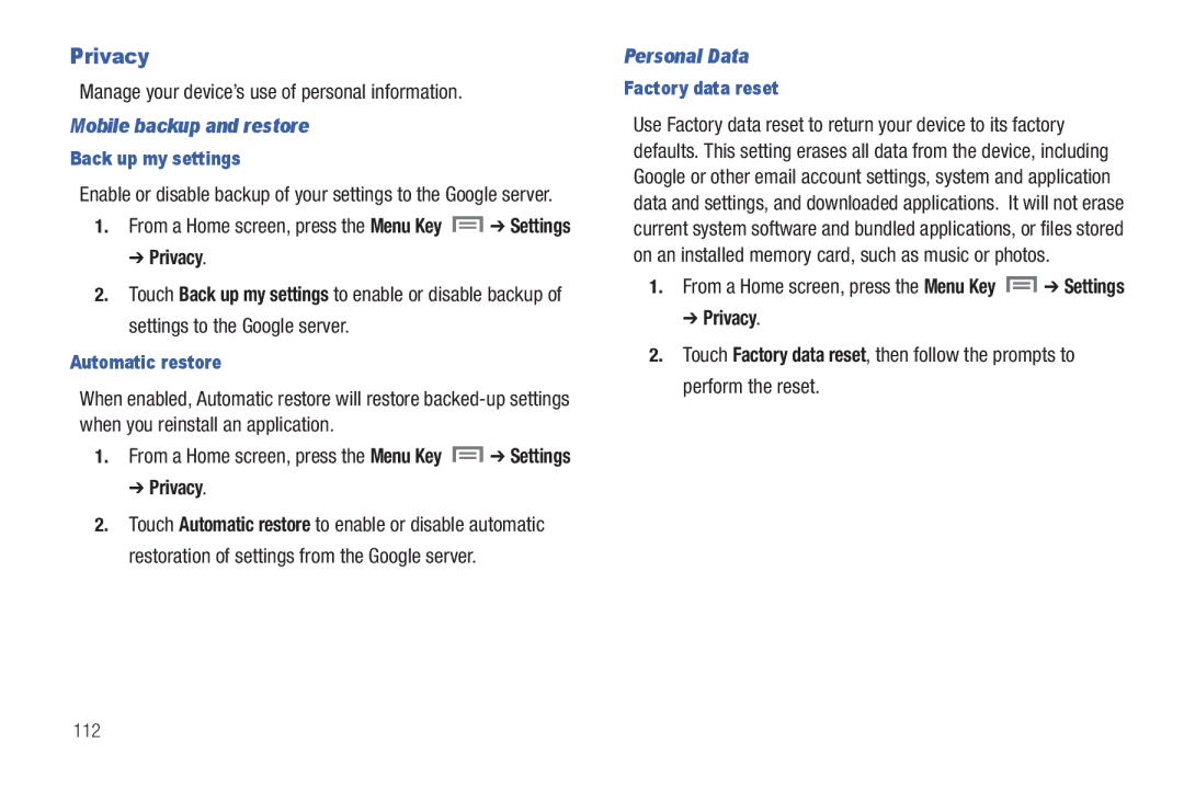 Samsung The Samsung Galaxy Tab Privacy, Manage your device’s use of personal information, Mobile backup and restore 