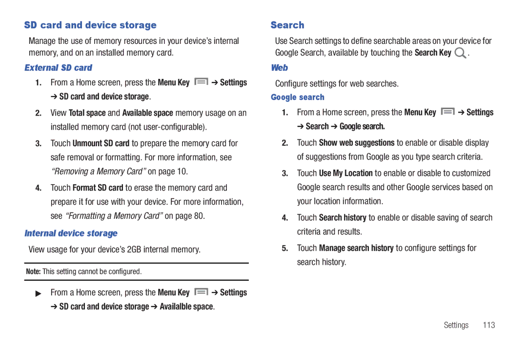 Samsung The Samsung Galaxy Tab SD card and device storage, Search, External SD card, Internal device storage, Web 